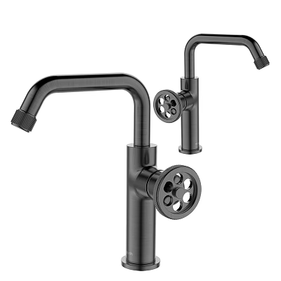 Tall Modern Black Curved Faucets With Control Knobs And Sleek Design 3d model