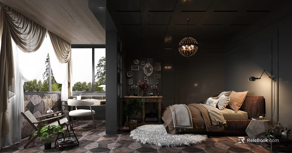 Stylish Dark Toned Bedroom Interior With Chandelier Bed And Fur Rug 3d model 