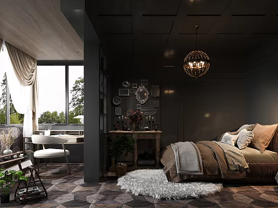 Stylish Dark Toned Bedroom Interior With Chandelier Bed And Fur Rug 3d model
