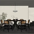 Modern Restaurant Interior With Round Dining Table Black Chairs Pendant Light And Potted Plant