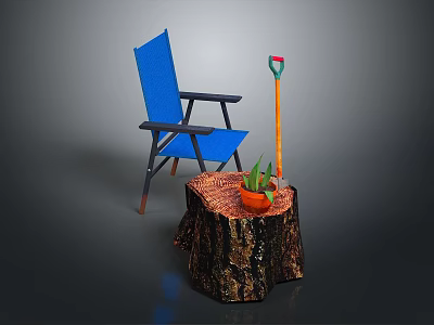 Blue Outdoor Chair With Tree Stump Table Potted Plant And Shovel 3d model