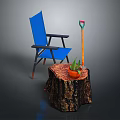 Blue Outdoor Chair With Tree Stump Table Potted Plant And Shovel