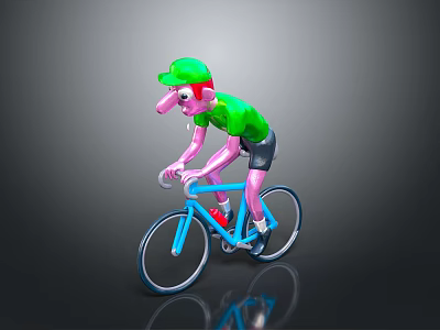 Cartoon Cyclist In Green Shirt Riding Blue Bicycle With Pink Nose And Dark Background 3d model