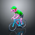 Cartoon Cyclist In Green Shirt Riding Blue Bicycle With Pink Nose And Dark Background