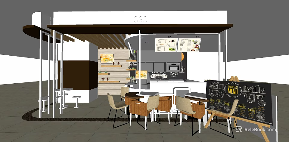 Cozy Modern Milk Tea Shop Interior With Counter Wooden Tables Chairs And Menu Board 3d model 