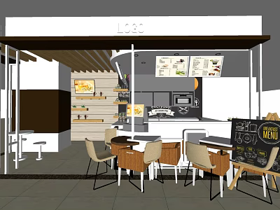 Cozy Modern Milk Tea Shop Interior With Counter Wooden Tables Chairs And Menu Board 3d model
