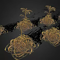 Golden Decorative Plants With Woven Roots And Leafy Stems On Black Background