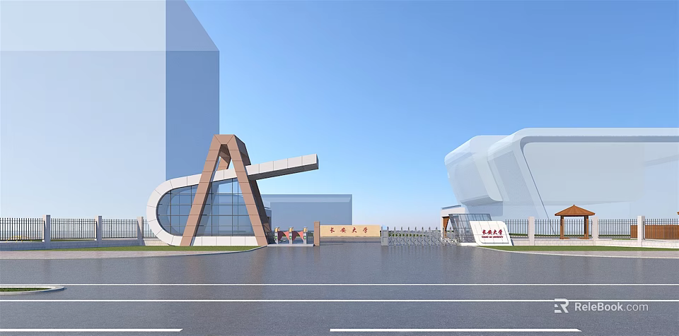 Modern Entrance Gate With Unique Geometric Structure Glass Metal Elements Front Road And Surrounding Buildings 3d model 