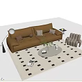 Modern Brown Leather Sofa And White Round Coffee Table With Pillows Accent Chair And Rug