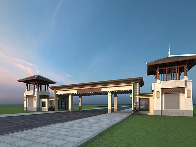 Traditional Chinese Ancient Architecture Entrance Gate With Symmetric Pavilions And Sunset Sky 3d model