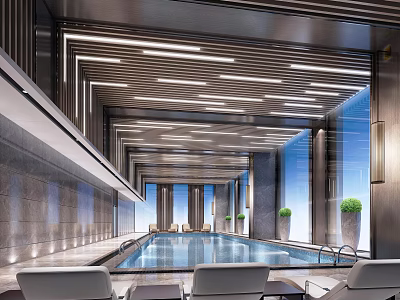 Modern Indoor Swimming Pool With Linear Ceiling Lights Large Windows And Lounge Chairs 3d model