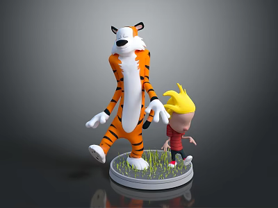 Child Playing with Cute Cartoon Tiger Toy Figure on Green Grass Round Base 3d model
