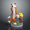 Child Playing with Cute Cartoon Tiger Toy Figure on Green Grass Round Base