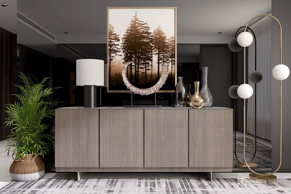 Modern Entryway Console Table And Side Cabinet With Framed Artwork Decorative Vases And Floor Lamp 3d model 