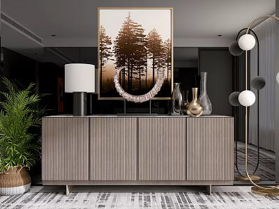 Modern Entryway Console Table And Side Cabinet With Framed Artwork Decorative Vases And Floor Lamp 3d model