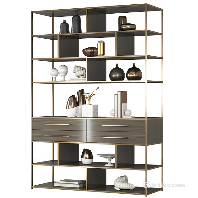 Elegant Modern Shelving Unit Featuring Metal Frame Wood Shelves Drawers And Decorative Items 3d model 