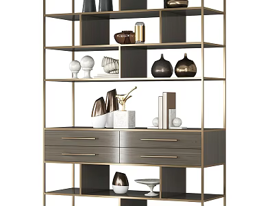 Elegant Modern Shelving Unit Featuring Metal Frame Wood Shelves Drawers And Decorative Items 3d model