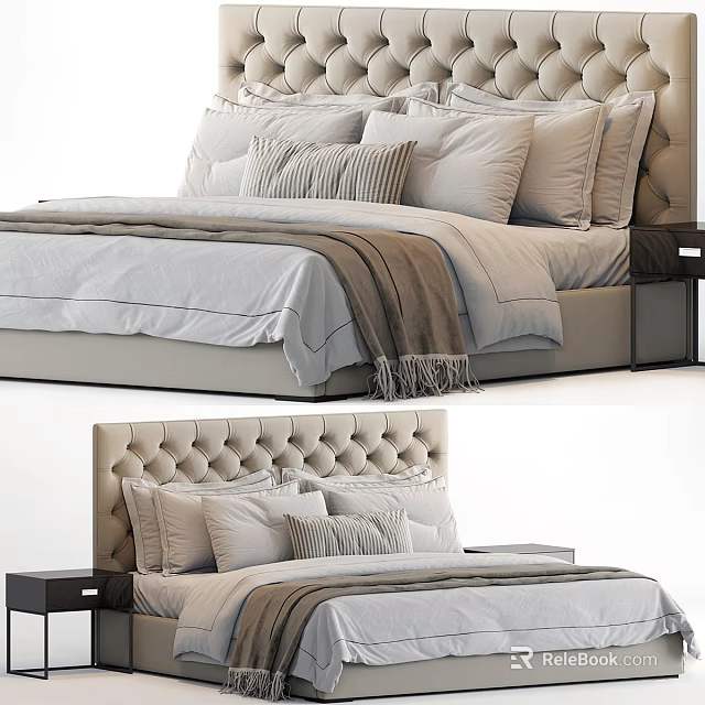 Double Bed With Tufted Headboard Soft Bedding Pillows And Wooden Nightstand 3d model 