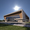 Modern Sports Center Building With Glass Curtain Wall Wooden Accents Plaza And Pedestrians