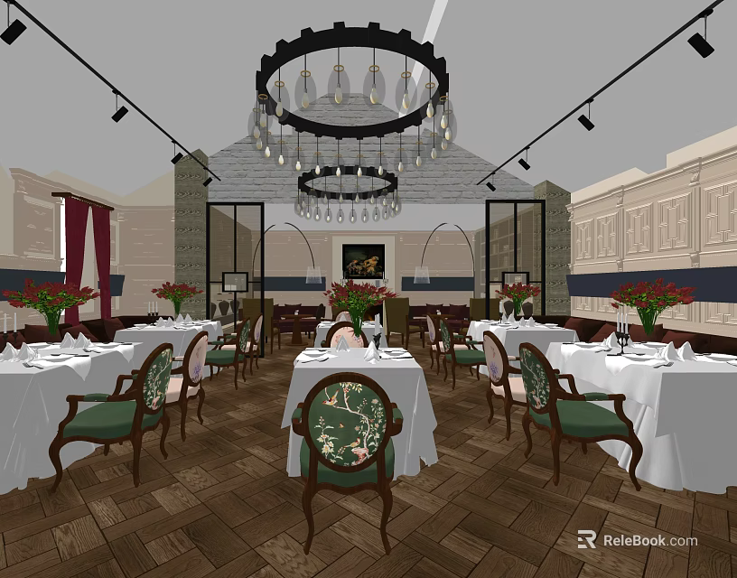 Elegant Restaurant Interior With White Tablecloths Green Chairs Chandeliers Floral Decor And Wooden Floors 3d model 