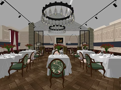 Elegant Restaurant Interior With White Tablecloths Green Chairs Chandeliers Floral Decor And Wooden Floors 3d model