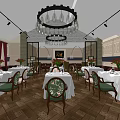 Elegant Restaurant Interior With White Tablecloths Green Chairs Chandeliers Floral Decor And Wooden Floors