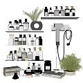 Stylish Bathroom Accessories Organized on Wall Shelves with Hair Dryer Holder and Toiletries Bottles