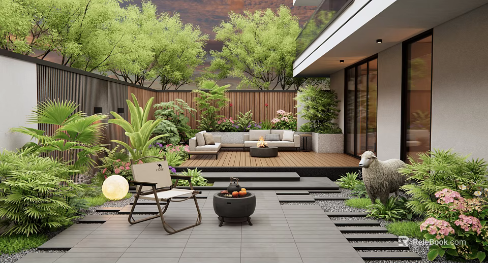 Modern Garden With Wooden Deck Sofa Fire Pit Green Plants Lawn And Sheep Sculpture 3d model 
