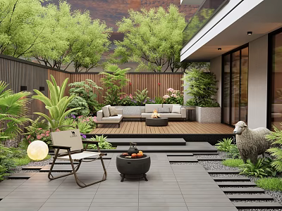 Modern Garden With Wooden Deck Sofa Fire Pit Green Plants Lawn And Sheep Sculpture 3d model