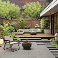 Modern Garden With Wooden Deck Sofa Fire Pit Green Plants Lawn And Sheep Sculpture