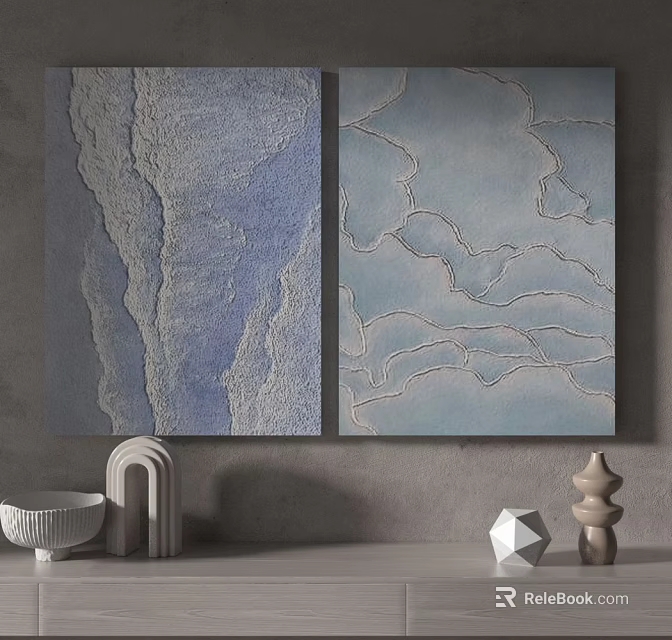 Two Abstract Blue Textured Paintings With Light Blue Patterns And Geometric Decorative Objects 3d model