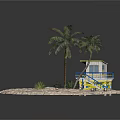 Beach Scene Setup With Lifeguard Tower Palm Trees And Small Plants