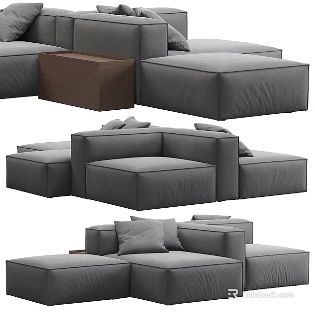 Gray Sectional Sofa With Modular Design Comfortable Cushions And Footstool For Living Room 3d model 