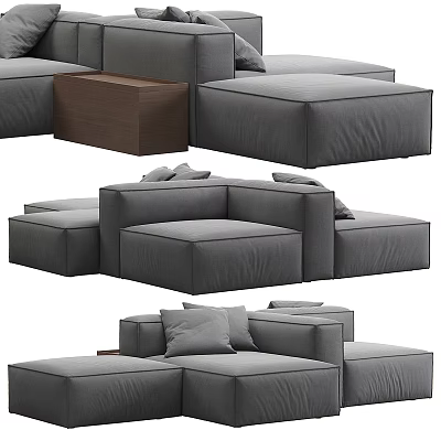 Gray Sectional Sofa With Modular Design Comfortable Cushions And Footstool For Living Room 3d model