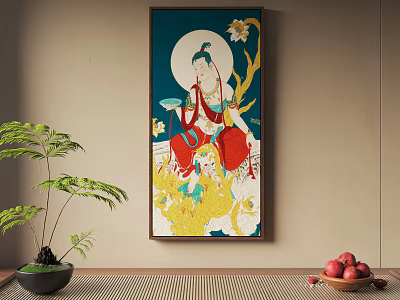 Traditional Chinese Figure Painting with Moon Lotus and Decorative Elements in Room 3d model