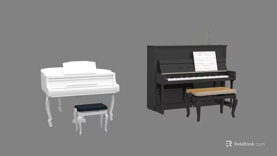 Musical Instruments White Grand And Black Upright Pianos With Benches Music Sheets 3d model 