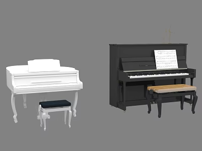 Musical Instruments White Grand And Black Upright Pianos With Benches Music Sheets 3d model