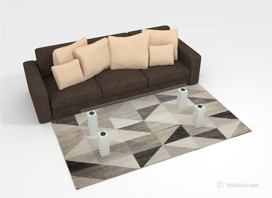 Brown Three Seater Sofa With Beige Cushions On Geometric Black White Gray Triangle Rug 3d model 