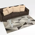 Brown Three Seater Sofa With Beige Cushions On Geometric Black White Gray Triangle Rug