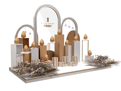 Luxury Decorative Display With Gold White Geometric Arches Ornamental Plants And Water Drop Decorations 3d model