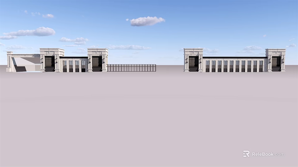Classic Stone Entrance Gate Design With Pillars Fence And Blue Sky 3d model 