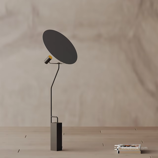 Modern Floor Lamp With Round Shade Black Pole And Yellow Accent On Wooden Tabletop 3d model 