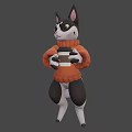 3D Game and Movie Cat Character Wearing Orange Sweater Holding Cup Against Purple Background
