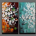 Two Panel Abstract Oil Paintings With White Flowers And Vibrant Colors