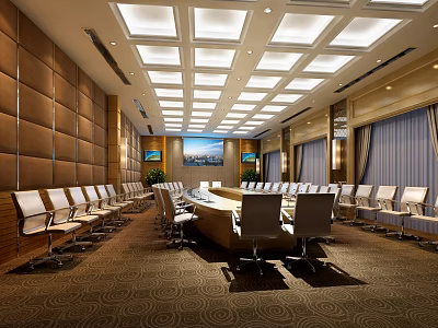 Modern Conference Room With Large Table Numerous Chairs Brown Paneled Walls And Ceiling Lights 3d model