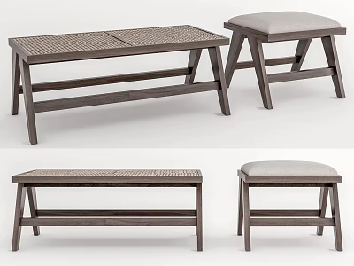 Wooden Stools With Different Designs Woven And Padded Seats In Minimalist Style 3d model