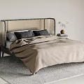 Modern Double Bed With Wicker Headboard Bedside Tables Beige Bedspread And Gray Rug 3d model