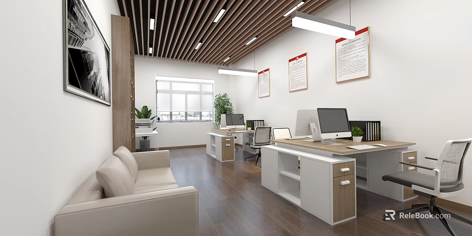 Modern Office Interior With Wooden Slat Ceiling White Walls Windows Plants Desks Computers And Sofa 3d model