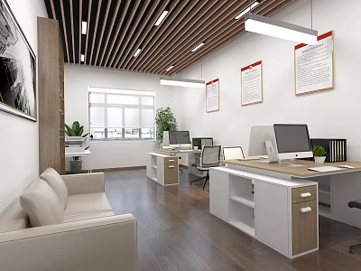 Modern Office Interior With Wooden Slat Ceiling White Walls Windows Plants Desks Computers And Sofa 3d model
