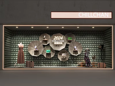 CHILLCHAN 2024 Store Window Display With Dresses Handbags And Circular Shelves On Green Textured Wall 3d model